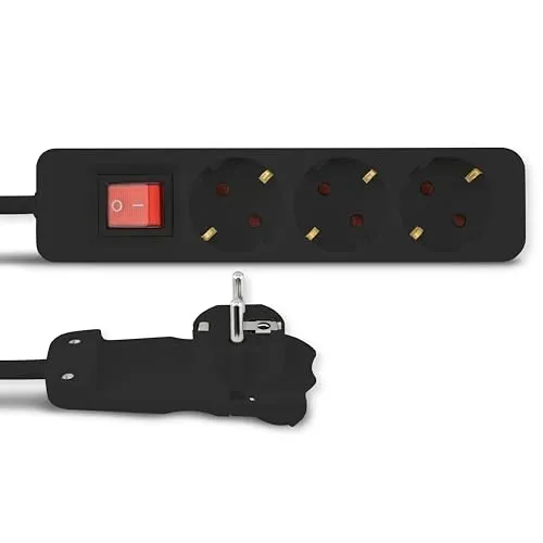 REV Steckdosenleiste SMART - Mehrfachsteckdose 3-Fach mit Flachstecker & beleuchtetem Schalter zum Stromsparen, Kabel 2m, max. 3680W, schwarz