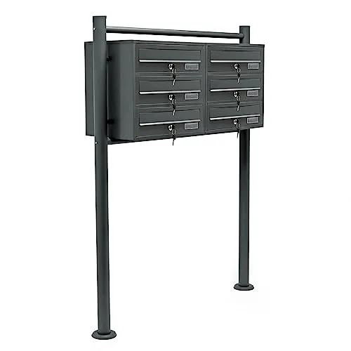 Wiltec 6er Briefkastenanlage Anthrazit 945 x 270 x 1200 mm, Standbriefkasten mit 2x3 Fächern, Schlüssel und Namensschild, Briefkasten Postkasten mit Ständer