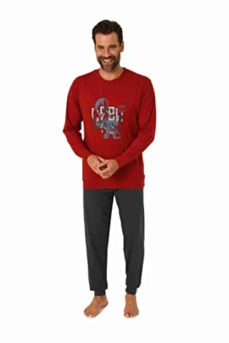 Herren Schlafanzug Pyjama Langarm mit Bündchen und edlen Frontprint - 212 101 10 905, Farbe:rot, Größe:48