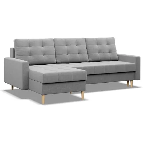 Ecksofa mit Schlaffunktion in Grau - Bequemes 3-Sitzer Ecksofa im skandinavischen Stil mit Schlaffunktion und Bettkasten für zusätzlichen Stauraum – ideal für flexible Wohnlösungen.