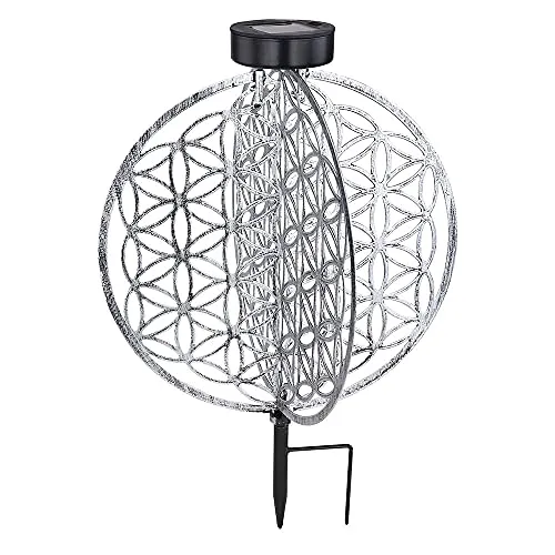 etc-shop Solar Kugel Antik Gartenlampe Solar orientalisch Solarleuchte Garten silber, Lichteffekt Muster Lebensblume, 1x LED warmweiß, DxH 30 x 41 cm