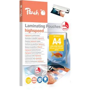 Peach Laminierfolien PP525-22 DIN A4, 125 mic, glänzend - Folien für schnelles Laminieren, schützt Dokumente vor Schmutz und Feuchtigkeit, Hochglanzoberfläche für Farbverbesserung, 100 Stück pro Packung.