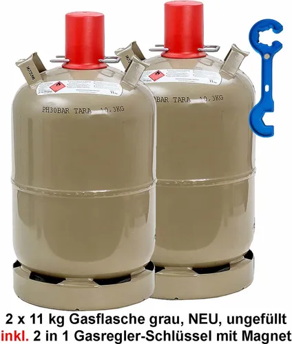 2x Propan-Gasflasche 11 kg grau Neu - 2x 11 kg Propan-Gasflasche für vielseitige Anwendungen wie Grillen und Camping, inkl. praktischem Gasreglerlöser mit Magnet für einfaches Handling.