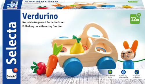 Selecta 62082 - Nachzieh-Sortierwagen Verdurino - Motorikspielzeug, fördert spielerisch das Erkennen und Zuordnen von Farben mit einem fröhlichen Hase und bunten Steckelementen.