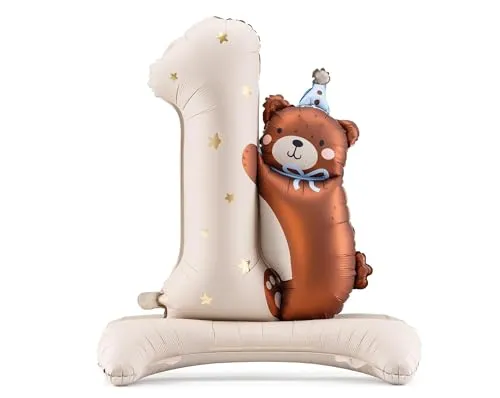 Folienballon 1. Geburtstag XXL Ballon 1 Creme Teddybär mit Standfuß selbststehend Luftballon Zahl 1 Bär Geburtstag Mädchen Junge Kindergeburtstag
