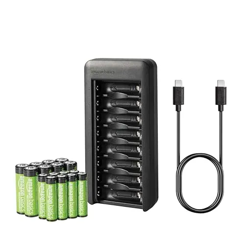 Amazon Basics Batterieset, wiederaufladbar, aus 8 x AAA-Batterie,NiMh,800 mAh,+8 x AA-Batterie, 2000 mAh, mit Batterieladegerät mit Platz für 8 Batterien, ohne AC-Netzadapter,USB-C-Anschluss, Schwarz