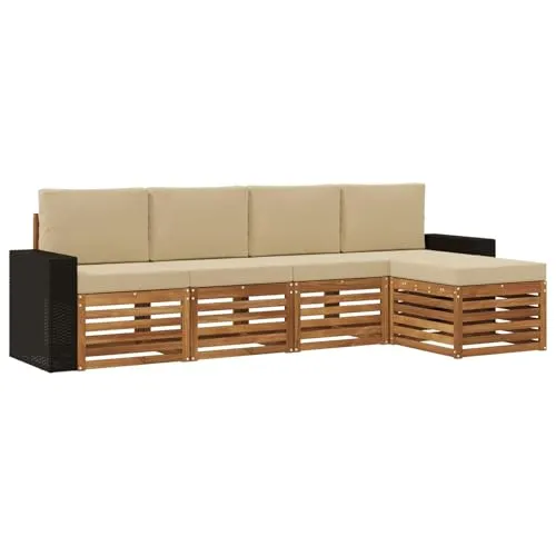 vidaXL Outdoor-Sofagarnitur mit Kissen 5-teilig Natur und Beige - Verwandle deinen Außenbereich in eine stilvolle Lounge mit dieser robusten Sofagarnitur aus Akazienholz. Modular und wetterfest, passt sie sich perfekt deinem Stil an und bietet hohen Komfort.