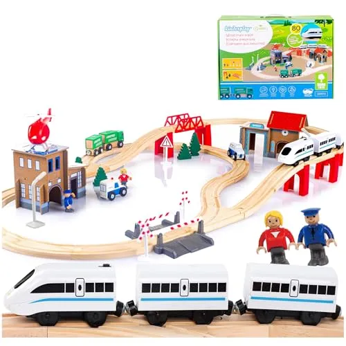 Green Series Spielzeugeisenbahn-Set - Holzeisenbahn Set für Kinder, batteriebetriebene Lokomotive mit 3 Wagen und 21 Gleisen, ideal für kreatives Spielen