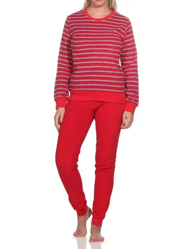 Normann Pyjama - Wunderschöner Damen Frottee Schlafanzug rot - Nachtwäsche in edler Streifenoptik, langarm mit bequemen Bündchen, ideal für gemütliche Nächte.