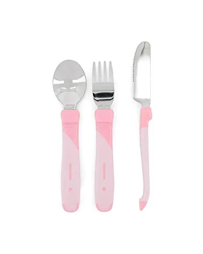 Twistshake Babybesteckset aus Edelstahl | Babylöffel + Babygabel + Babymesser | BPA-freies Besteckset zum Entwöhnen von Babys | Lernbesteckset für Kinder | Kinderbesteck-Set | 12 m+ | Pastellrosa
