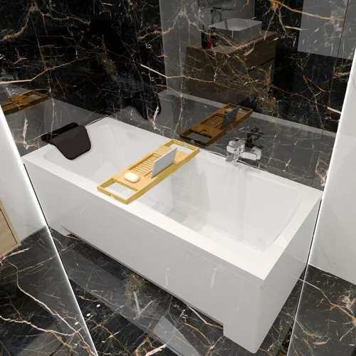 Badewanne Rechteck 140x70 mit Schürze und Ablage - Moderne rechteckige Badewanne aus Acryl, rutschsicher und mit schnellem Reinigungskomfort. Ideal für entspannende Momente im Badezimmer. CE-zertifiziert und mit 10 Jahren Herstellergarantie.