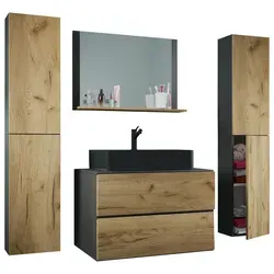 VCM 5-tlg. Waschplatz Badmöbel Set Lendas BL 80 cm - Badmöbel-Set mit 2 Hochschränken, Unterschrank und Keramikwaschbecken. Ideal für stilvolle Badezimmer mit viel Stauraum und praktischen Metallschienen.