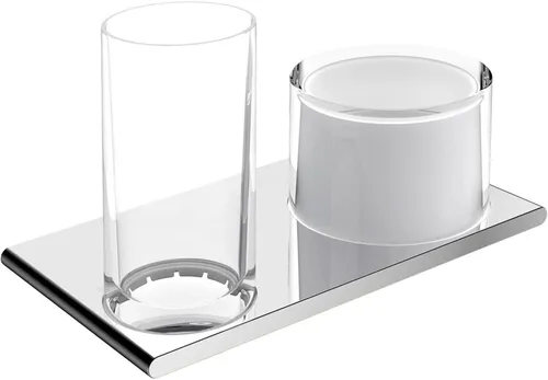 Keuco Doppelhalter EDITION 400 mit Glas und Lotionspender - Hochwertiger Doppelhalter aus verchromtem Metall für Badaccessoires, inklusive mattiertem Echtkristall-Glas und 150 ml Lotionspender - elegant und korrosionsbeständig.