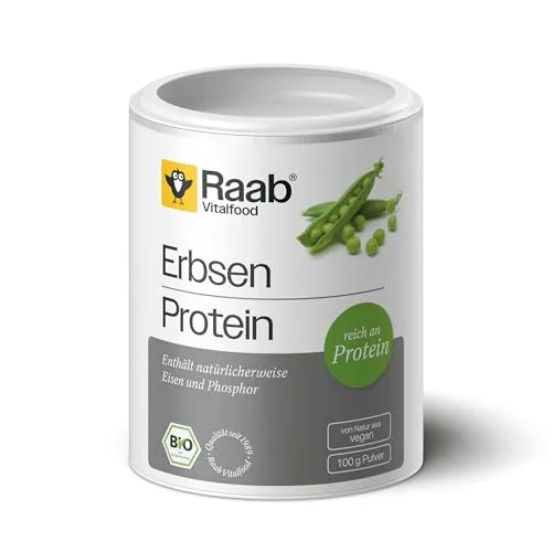 Raab Vitalfood® Erbsen Protein Pulver Bio (100 g) - 80% pflanzliches Protein, vegane Proteinquelle, reich an Eisen, enthält natürlicherweise Phosphor und alle 8 essentiellen Aminosäuren