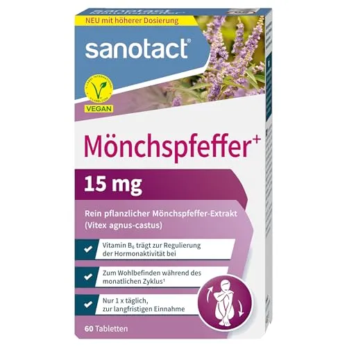 sanotact Mönchspfeffer (60 Tabletten) • Hochdosiert mit 15mg Mönchspfeffer pro Tablette • Zyklusharmonie & Hormon Balance • Frauen Vitamine • Vitamin B6, Magnesium, Pantothensäure • Vegan