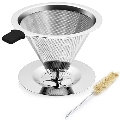 YiiMO Kaffeefilter Edelstahl Wiederverwendbar, Permanent Kaffeefilterhalter Coffee Dripper Filter Papierloser Metall Handfilter für 1-4 Tassen mit Reinigungsbürsten