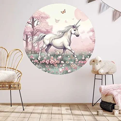 WANDKIND Einhorn Wandtattoo Rund Kinderzimmer V417 | handgezeichnet | AUFKLEBER Kindergarten | Wandsticker Babyzimmer | Blumenwiese (60 x 60 cm)