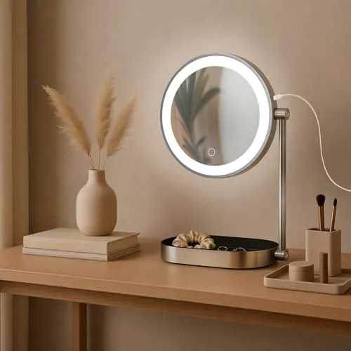CLP Schminkspiegel Winslet weiß - Kosmetikspiegel mit 3 dimmbaren LED-Lichtfarben und 10-facher Vergrößerung, ideal für perfektes Make-up und Hautpflege zu jeder Tageszeit.