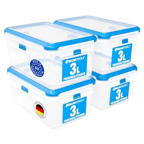 ATHLON TOOLS 4x 3L Frischhaltedosen-Set in Gastro-Qualität - 100% luftdicht und auslaufsicher -40 bis +100 Grad - für alle Lebensmittel - BPA-frei - Vorratsdosen für Kühlschrank (3 L | 4er Set)