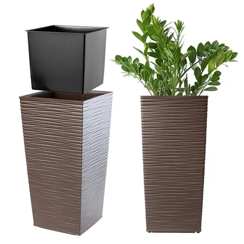 KADAX Pflanzkübel mit Innentopf, Höhe 46.5cm, Mokka – Wetterfester Blumentopf für Innen & Außen, ideal für Garten, Balkon & Terrasse, zum Bepflanzen, Dekorieren und als stilvoller Übertopf