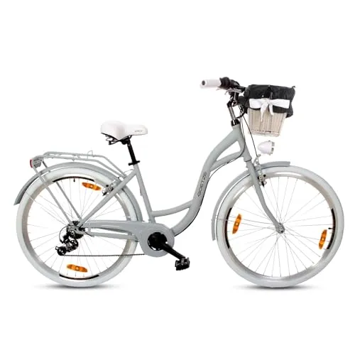 Goetze Mood 28 Zoll Damen Citybike, 18 Zoll Tiefeinsteiger Stahlrahmen, 7-Gang Kettenschaltung, doppelte V-Bremsen, LED-Beleuchtung, Rattankorb, Komfortsattel, mit Seitenständer & Klingel
