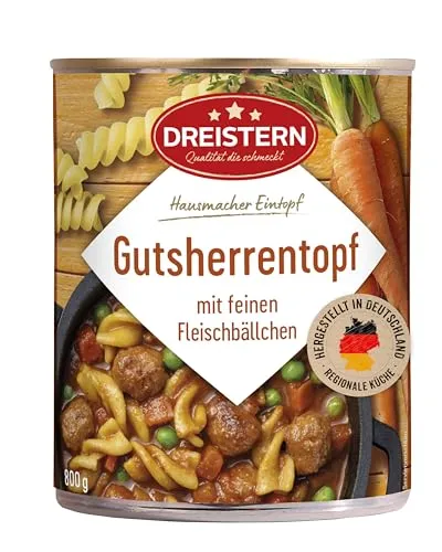 DREISTERN Gutsherrentopf 800g I Mit Fleischbällchen & Gemüse I Herzhafter Eintopf in recyclebarer Konservendose I Lange Haltbarkeit dank natürlicher Konservierung I Hausmacher Qualität