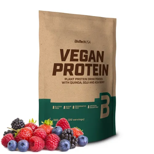 Biotech USA Vegan Protein 500 g Pulver - Sportnahrung mit 100% pflanzlichem Protein aus Erbsen- und Reisprotein, ideal für Veganer und gesundheitsbewusste Sportler. Schmeckt fruchtig nach Waldfrüchten!