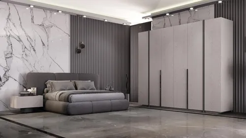 Modernes Graues Schlafzimmer-Set mit Designer Bett und Schrank - Schlafzimmergarnitur für Erwachsene, bestehend aus Bett, 2 Nachttischen und Schrank. Stilvolles Design in Grau, hochwertige Materialien und durchdachte Maße für optimalen Komfort und Platz.