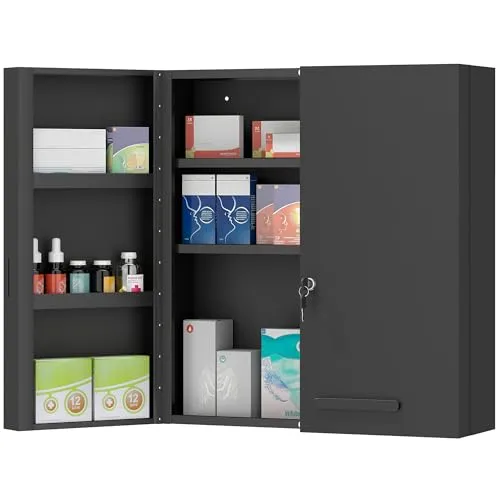 kleankin Medizinschrank, abschließbarer Medikamentenschrank mit 2 Türen - Praktischer Medizinschrank mit 6 Regalen zur sicheren Aufbewahrung von Medikamenten. Langlebig aus Stahl, ideal für die Wandmontage und mit abschließbarem Design für zusätzlichen Schutz. Maße: 55 x 18 x 60 cm.