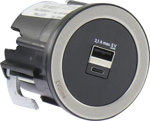 Evoline One USB-Charger 2-fach Typ A+C, mit Abdeckring, KS schwarz/Edelstahl