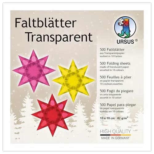 Ursus 2646899 - Faltblätter Transparentpapier, ca. 10 x 10 cm, 42 g/qm, 500 Blatt, sortiert in 10 Farben, durchgefärbt, ideale Grundlage für kreative Bastelarbeiten