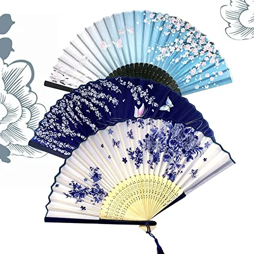 Satificer 3 faltbare Ventilatoren, Handfächer, aus Bambus, mit Quaste, blau und weißes Porzellan, für Damen