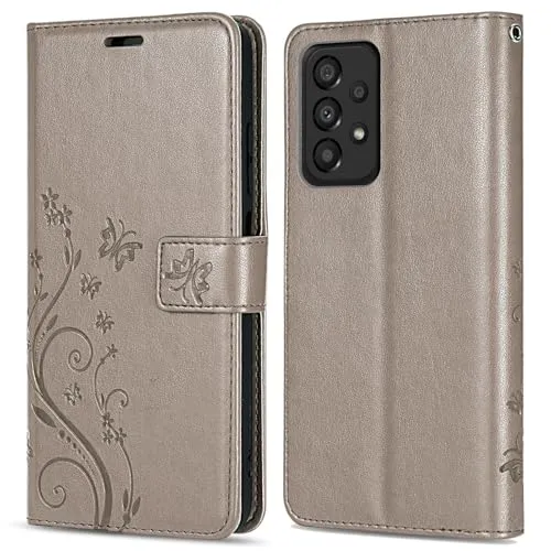 betterfon Hülle Kompatibel mit Samsung Galaxy A53 5G | Premium PU Leder Handyhülle Wallet Case für Galaxy A53 5G | Schutzhülle Blumen Klapphülle Handyhülle | Grau