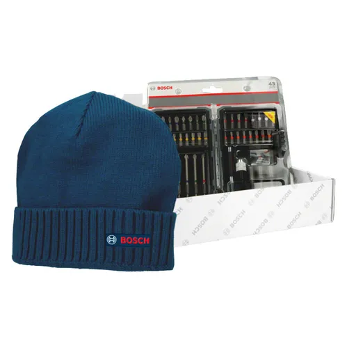 Weihnachts-Set Schrauberbit-Satz 43-teilig blau - Werkzeug-Sets mit 43 Teilen, inklusive gratis Bosch Beanie – ideal für Heimwerker und Profis, geliefert in einer praktischen Kunststoff-Klappbox.