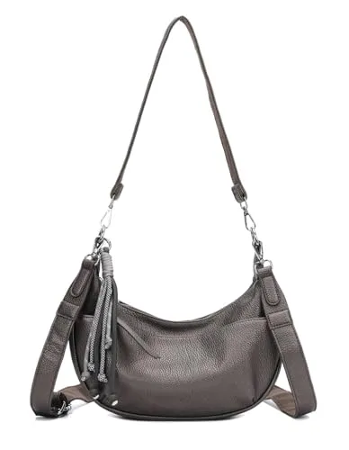 ITALYSHOP24 DAMEN TASCHE MOON Bag Crossbody Runde Schultertasche Hobo Bag Taschenanhänger Umhängetasche Shopper Crossover Handtasche Halbmond Leder Optik Reise (Antiksilber)