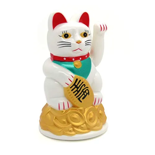 Starlet24® Winkende Glückskatze Winkekatze Lucky Cat Maneki-Neko Winkende Japanische Maneki-Neko batteriebetrieben (Weiss, 11cm)