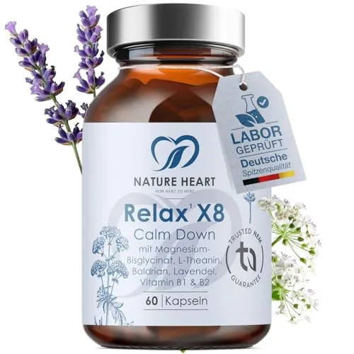 Nature Heart Relax X8 60 Kapseln – Mit Magnesium, L-Theanin, Baldrian, Lavendel & Melisse – Vitamin B1 & B2 – Vegan – Für Nervensystem & Energiestoffwechsel
