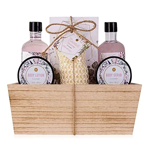Accentra Duschset Frauen Geschenkset LAVENDEL – 6-teiliges Pflegeset im Holzkorb - Körperpflegeset mit feuchtigkeitsspendenden Lavendelprodukten für entspannende Wellnessmomente. Ideal als Geschenk zum Geburtstag, Valentinstag oder Weihnachten!