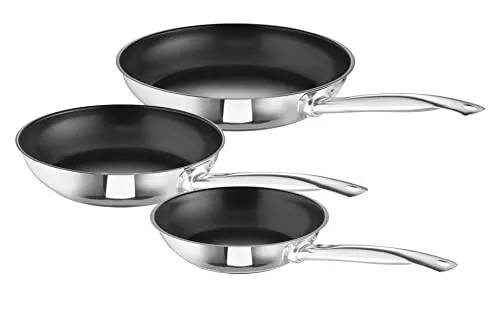 ROHE-Germany Bobby 3-tlg. Edelstahl Bratpfanne Set - Pfannen-Set mit 20, 24 und 28 cm Durchmesser, energiesparender Allherd-Aluminium-Kapselboden, ideal für Induktion und alle Herdarten, backofengeeignet bis 230° C.