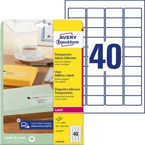 Avery Zweckform L4770-25 Etiketten transparent, 1000 Stück - Selbstklebende Etiketten für Kopierer und Drucker, wetterfest und reißfest. Mit QuickPeel-Abziehhilfe für einfaches Handling. Ideal für Absender-Etiketten.