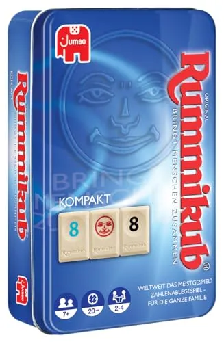 Jumbo Kartenspiel 3817, Original Rummikub Kompakt, ab 7 Jahre, Metalldose, 2-4 Spieler
