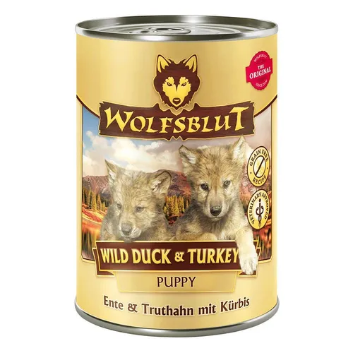 Wolfsblut Hunde-Nassfutter Wild Duck und Turkey Puppy - Ente und Truthahn mit Kürbis, getreidefrei und reich an Superfoods für gesunde Welpenernährung
