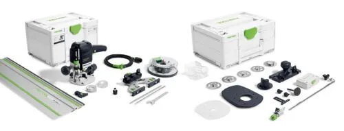 Festool Oberfräse 1010 REBQ-FS-Set+Box - Präzisionsfräse für professionelle Ergebnisse, mit beidseitiger Säulenklemmung für maximale Verwindungssteifigkeit und werkzeuglos einstellbarem Seitenanschlag, ideal für präzise Holzarbeiten.