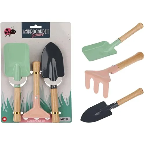 Gartengeräte-Set für Kinder auf Karte 3-teilig mit Holzgriffen, Schaufel, Spaten, Harke, 15-21cm