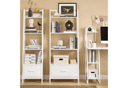 SoBuy Leiterregal Weiß, 64x160 cm - Vielseitiges Regal aus MDF, ideal für Bücher, CDs und mehr. Mit großer Schublade für schnelle Ordnung und eleganter Gestaltung in jedem Raum.