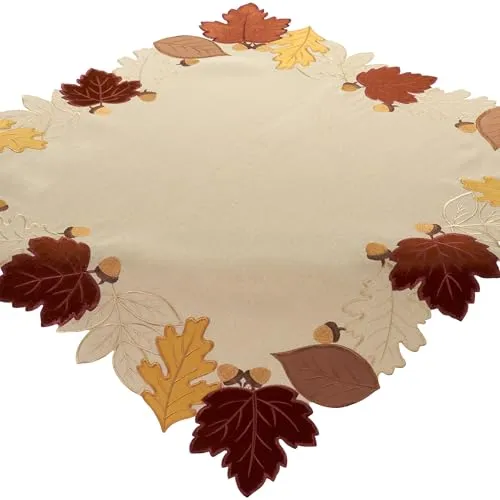 Tischdecke Beige Herbst Stoff Bestickt Mitteldecke Halloween Blätter 85 x 85 Tischwäsche Applikation Waschbar