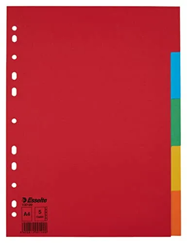 Esselte Register für A4, 20er Pack, 5 Trennblätter mit Taben, Rot/Mehrfarbig, Recyclingkarton, 100199