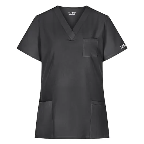 EXNER Kasack für Damen, Regular Fit, Stretchmaterial, Graphit, Größe M - Modischer Kasack mit V-Ausschnitt und praktischen Taschen, ideal für Pflege, Kosmetik und Wellness. Hergestellt aus atmungsaktivem, langlebigem Material – perfekt für den täglichen Einsatz.