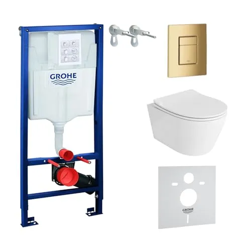 Lavita Vorwandelement Solido + Wand Hänge WC Praia Weiß Spülrandlos + WC Sitz mit Absenkautomatik Goldener Knopf Komplettset Unterputz Spülkasten Toilette Komplett Sett WC