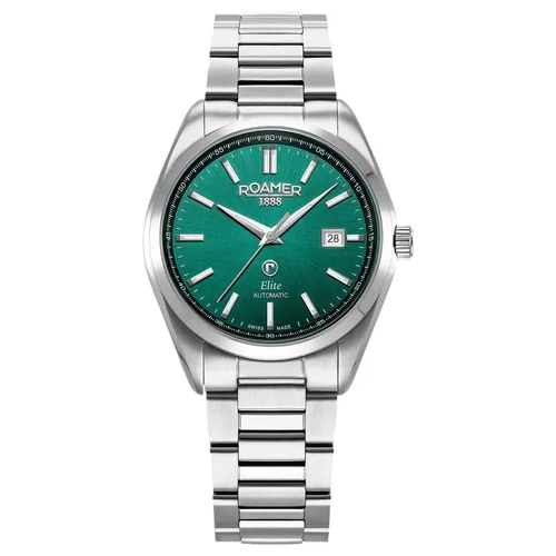 Roamer 970983 41 75 20 Elite Boxed Set Uhr - Elegante Herren-Armbanduhr aus Edelstahl mit grünem Ziffernblatt, mechanischem Uhrwerk und 50 m Wasserdichtigkeit. Ideal für stilbewusste Träger.